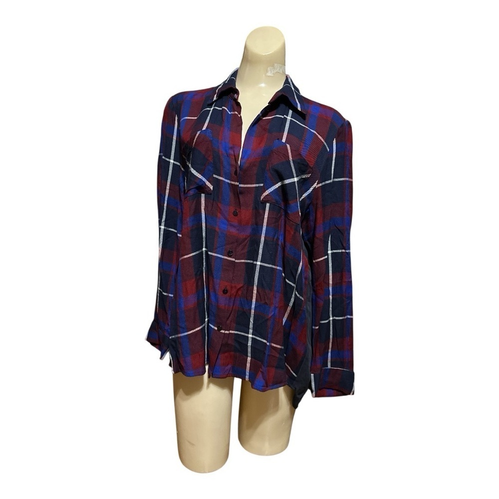 L'AGENCE “Denise” Multicolor Plaid High Low Button Front Top, Large